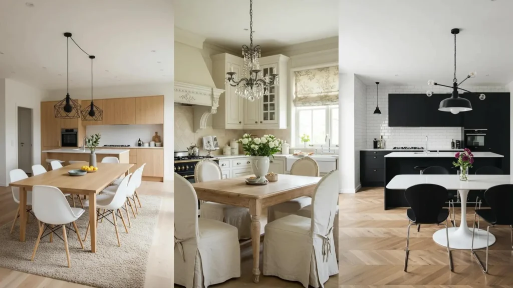 Diferentes estilos de cocinas abiertas al comedor, incluyendo madera clara, clásico blanco y negro moderno.