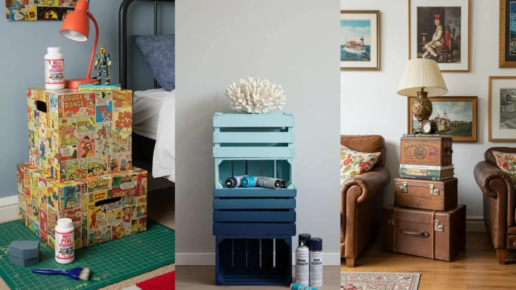 Inspiración DIY: mesas auxiliares creativas hechas con cajas apiladas en estilos cómic, ombre azul y vintage.