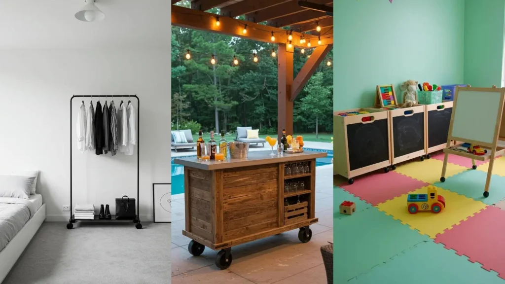 Optimiza espacios pequeños con muebles sobre ruedas. Percheros, carros de bar y organizadores infantiles móviles para flexibilidad.