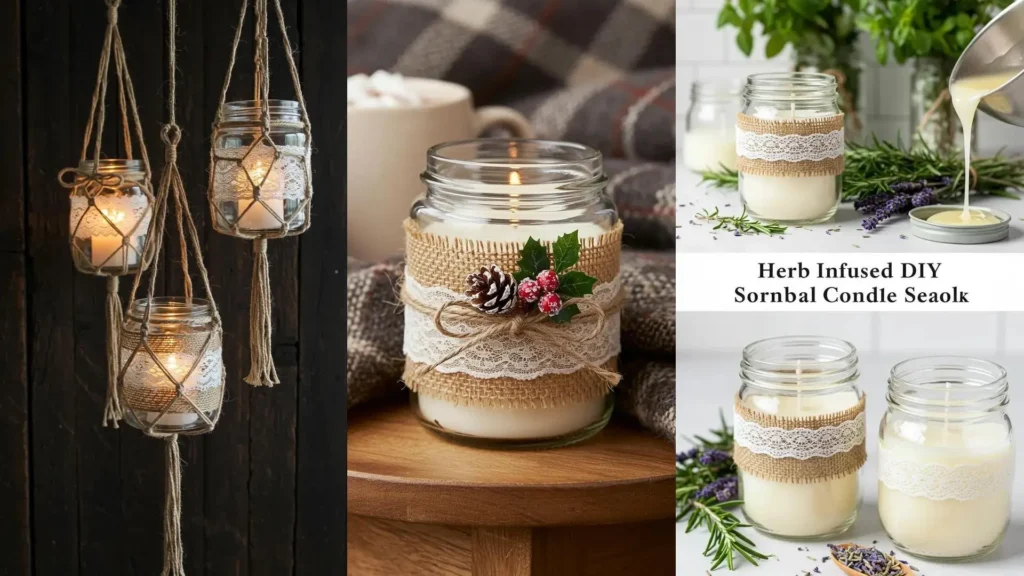 Velas DIY en frascos de cristal decorados con encaje blanco y yute rústico, colgando y sobre mesa.