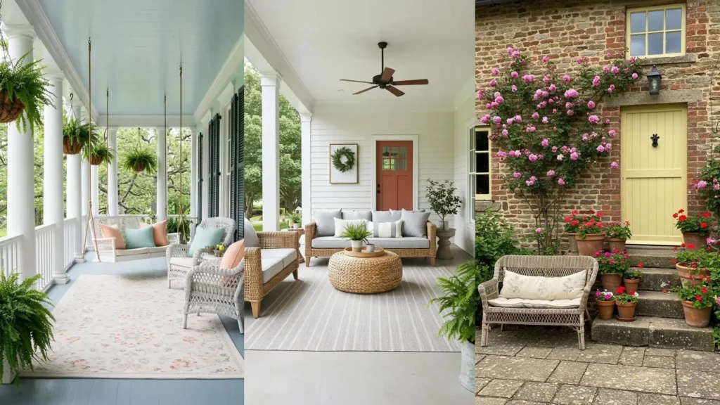 Porches decorados con muebles de caña, sofás con textiles naturales y plantas, creando ambientes acogedores al aire libre.