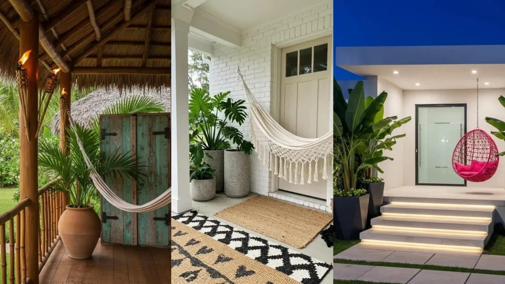 Ideas para porches tropicales: hamacas acogedoras, hojas gigantes de plantas exóticas y toques de colores vivos para tu hogar.