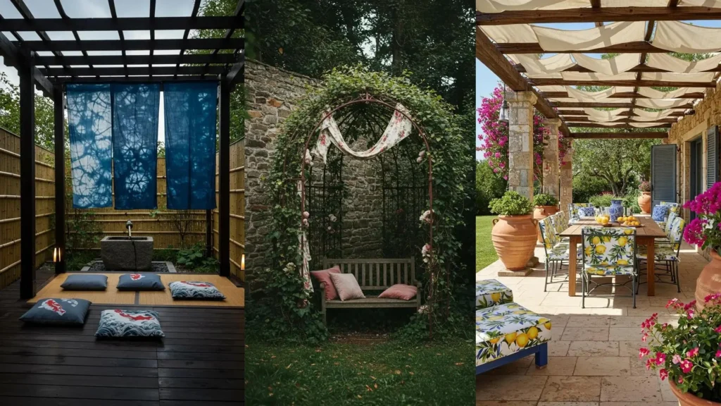 Jardines boho chic con pérgolas de tela, cojines estampados y decoración natural para exteriores acogedores.