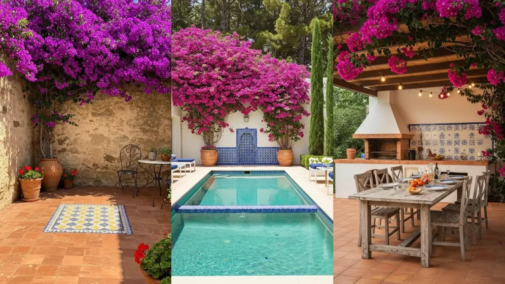 Jardines mediterráneos con buganvillas exuberantes, azulejos pintados a mano, piscina y acogedoras zonas al aire libre.