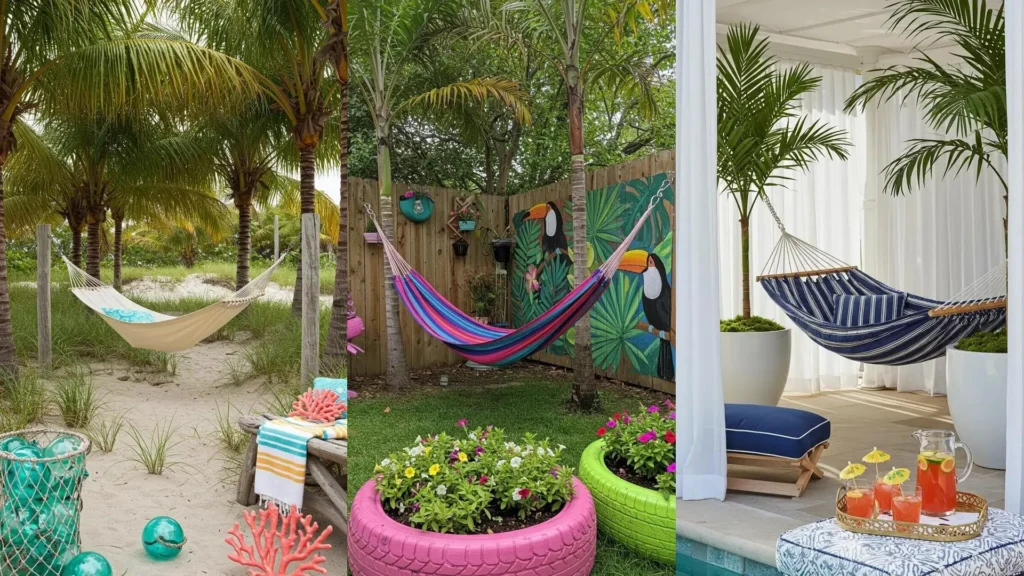 Jardines tropicales vibrantes con hamacas coloridas, palmeras y detalles exóticos de decoración al aire libre.