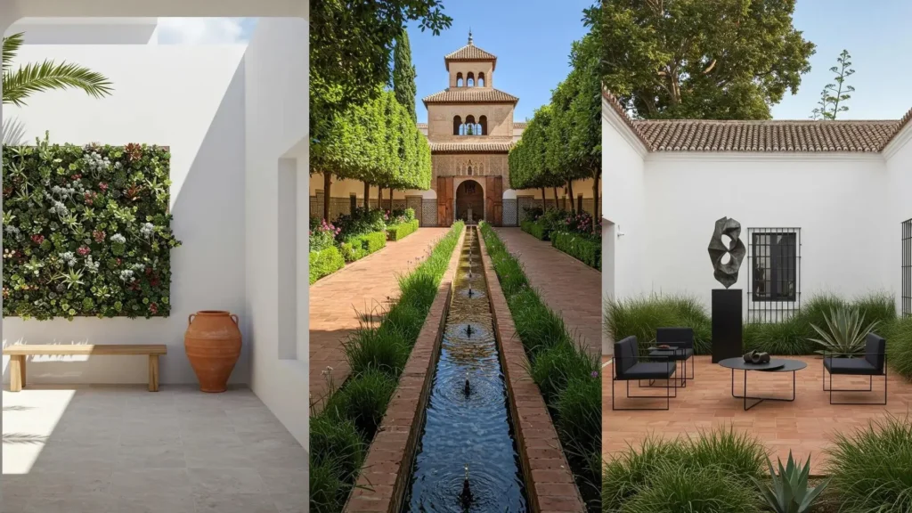 Patios andaluces soleados con cerámica, plantas, fuentes y mobiliario exterior.