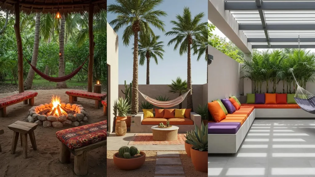 Patios tropicales con hamacas, palmeras altas y cojines vibrantes, mostrando ideas para diseño exterior.