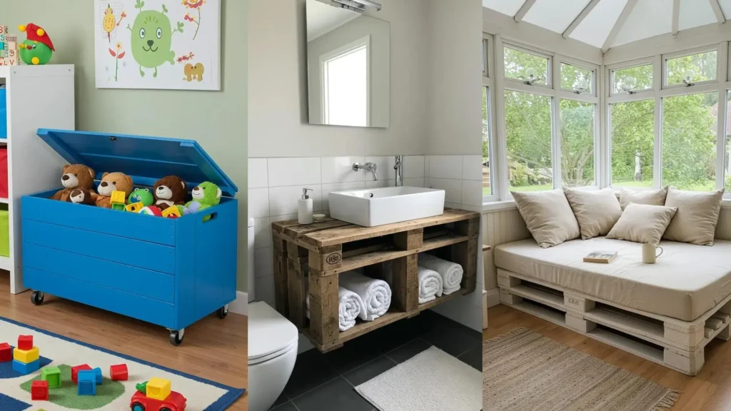 Proyectos creativos de bricolaje con pallets reciclados: muebles modernos para el hogar como baúl, lavabo y sofá.