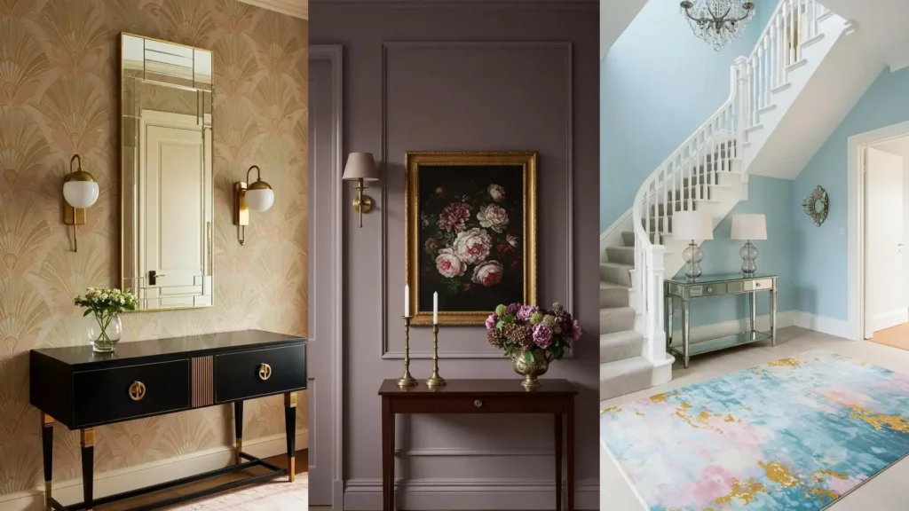 Recibidores en tonos pastel con decoración dulce y femenina. Espejos, consolas y alfombras crean un hogar con estilo.