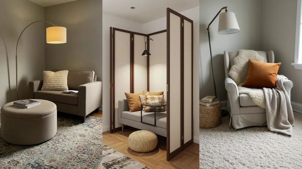 Tres rincones de lectura decorados con textiles suaves, cojines, mantas y alfombras en tonos tierra, creando ambientes acogedores.