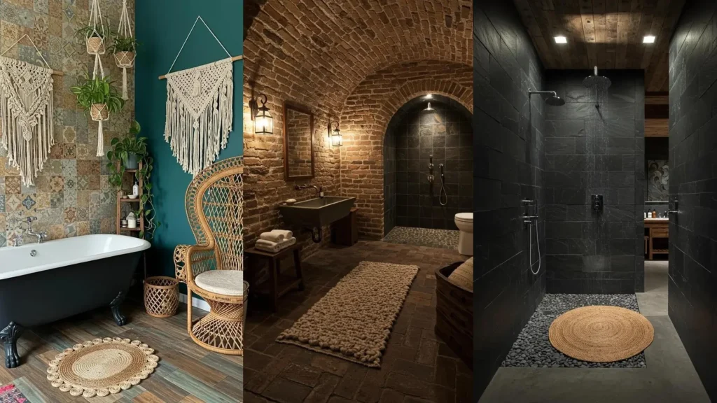 Baños rústicos de diseño con piedra natural, ladrillo visto, bañeras y duchas modernas, y toques de fibras orgánicas.