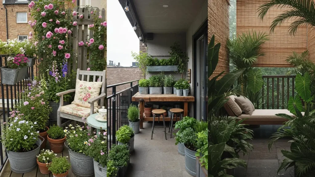 Balcones transformados en jardines secretos urbanos con exuberante vegetación, flores y espacios acogedores para el relax.