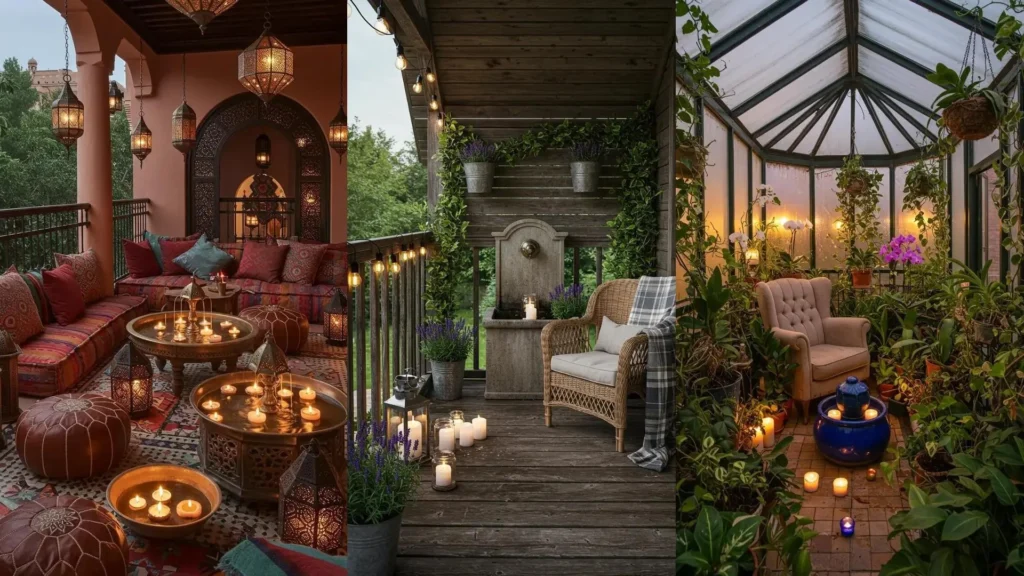 Balcones mágicos con fuentes pequeñas y velas flotantes, creando ambientes relajantes y de ensueño.