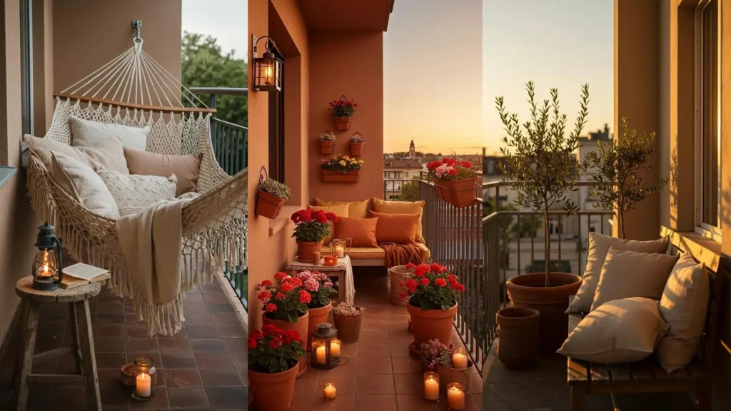 Balcones románticos con hamacas, cojines, velas y plantas para noches cálidas de verano.