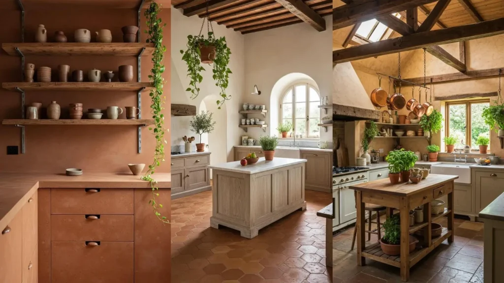 Cocina color terracota con acabados naturales, estantes de madera y abundante vegetación, ideal para un estilo rústico.