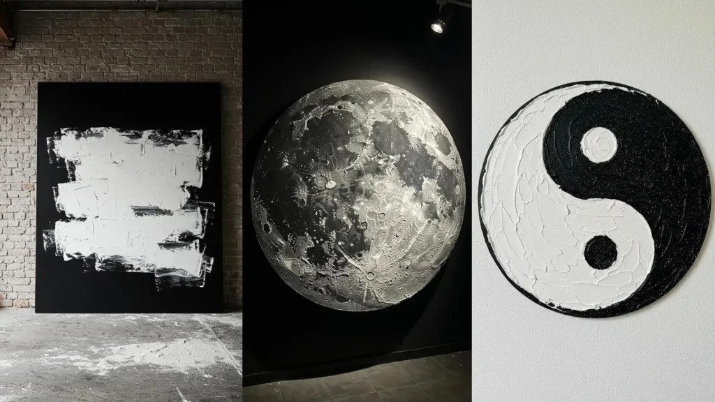 Tres cuadros DIY con texturas abstractas de arena y yeso: un diseño blanco y negro, una luna y un yin-yang para paredes únicas.