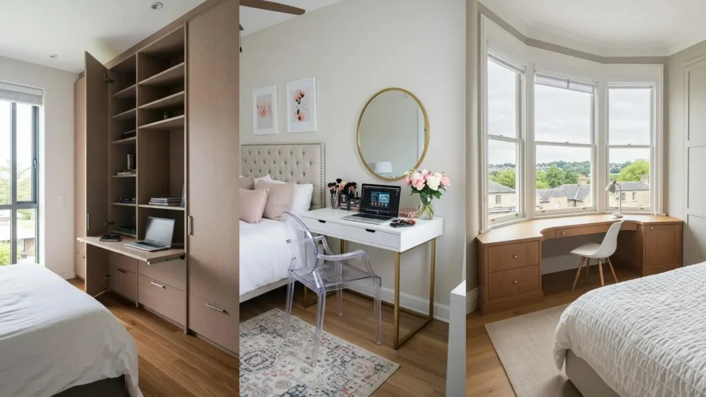 Diseños de oficinas en dormitorios con escritorios ocultos en armarios, rincones discretos y elegantes estaciones de trabajo.