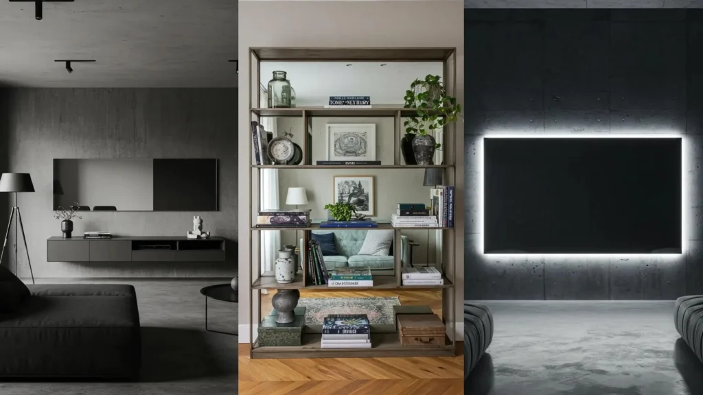 Varias salas modernas con espejos decorativos; ideas creativas para actualizar tu hogar con reflejos elegantes.