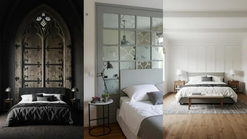 Imágenes de tres dormitorios con cabeceras de cama únicas hechas de puertas antiguas, ofreciendo inspiración para bricolaje.