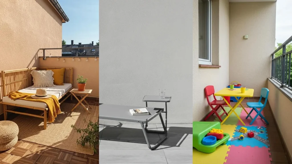 Ideas de muebles plegables para terrazas mini: cama de bambú, tumbona gris y mesa infantil en balcones pequeños.