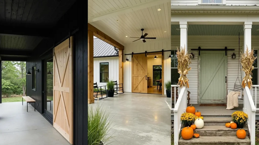 Varios porches inspirados en graneros con puertas corredizas de madera y decoración rústica de otoño.