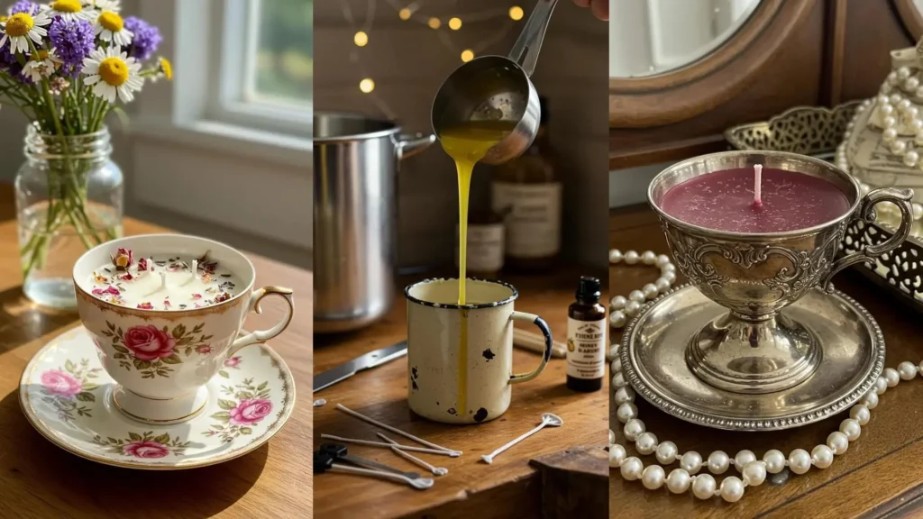 Velas artesanales en tazas vintage, incluyendo una de porcelana con flores y otra de plata, evocando un estilo nostálgico.