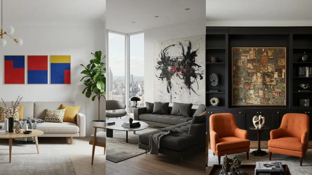 Inspiración para salas con cuadros abstractos y colores vibrantes en diseños modernos.
