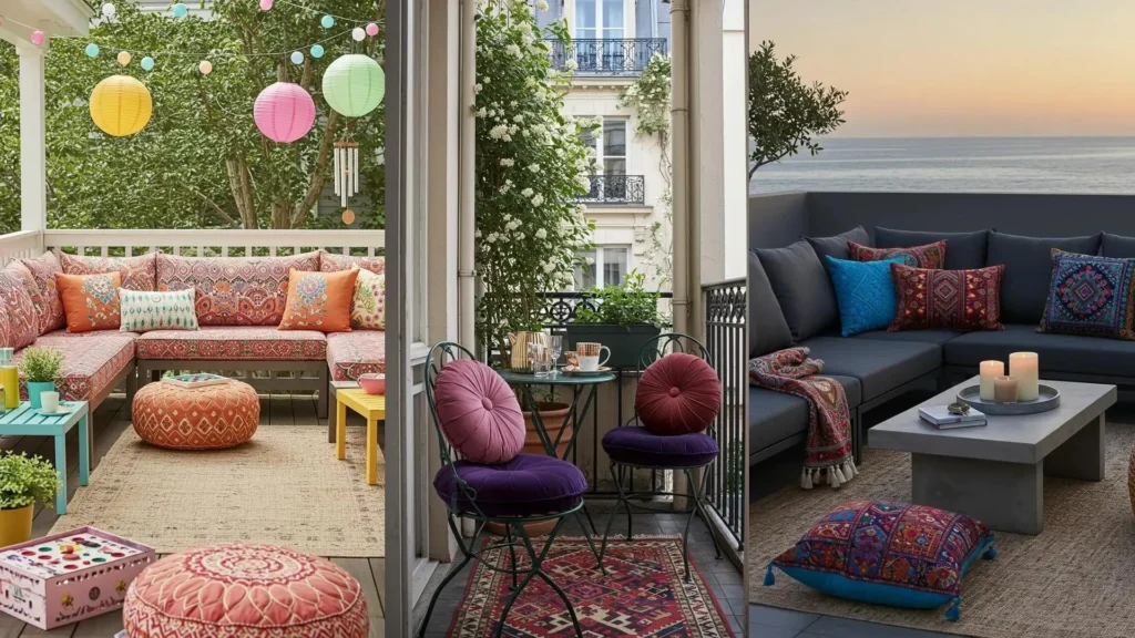 Patios bohemios con vibrantes textiles étnicos y cojines coloridos para una decoración exterior acogedora.