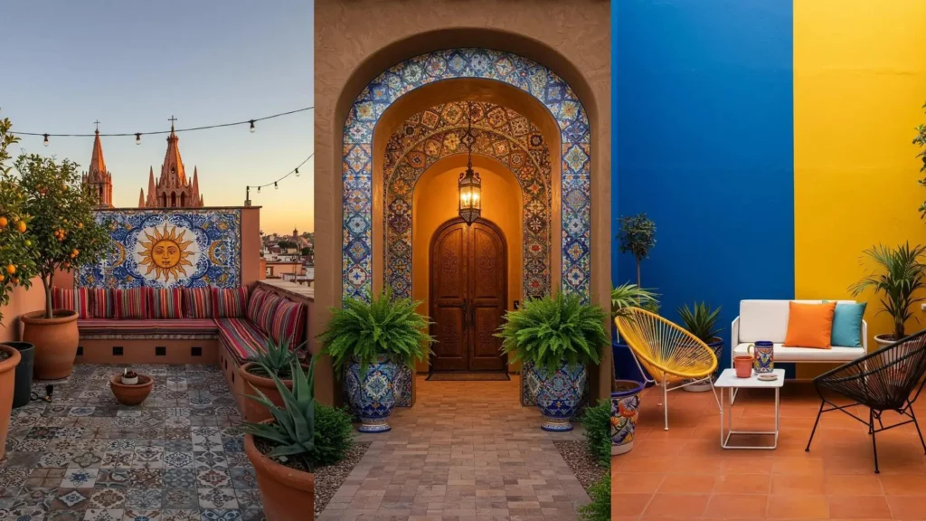 Patios mexicanos coloridos con plantas, cerámica Talavera y muebles. Inspiración para diseño y decoración.