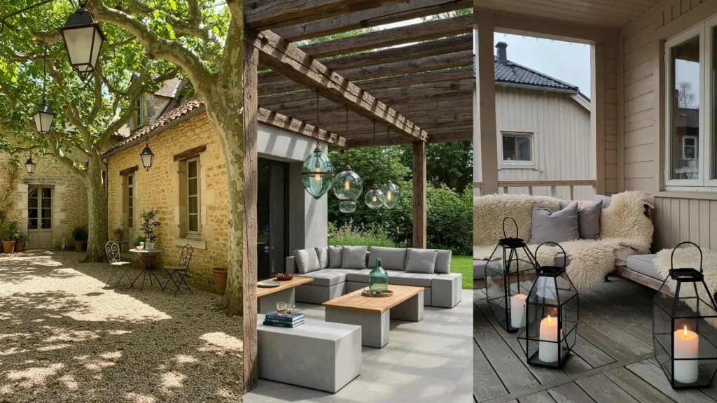 Patios rústicos con vigas de madera y faroles colgantes artesanales, creando un ambiente acogedor para el exterior.