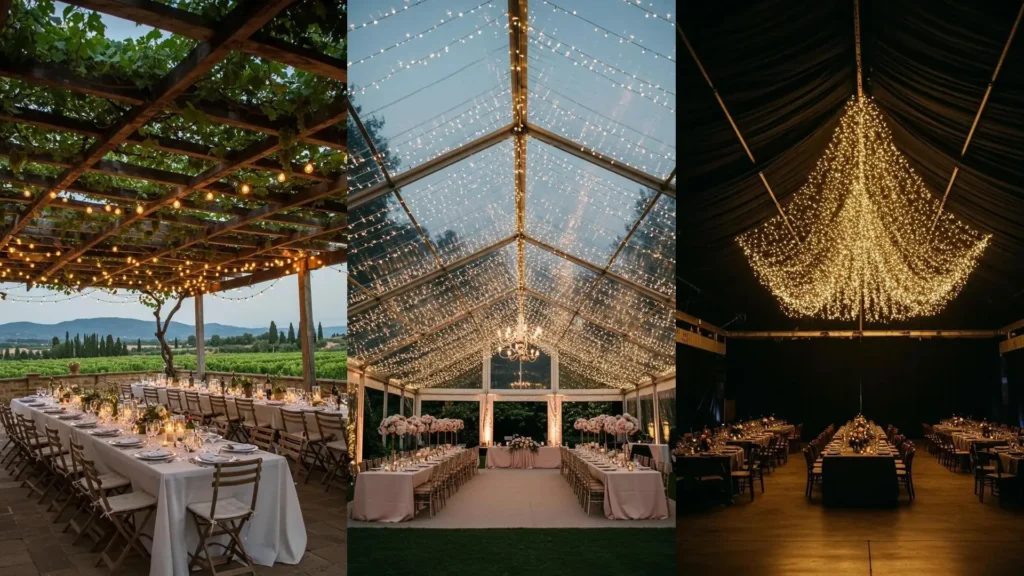 Escenas de boda mágicas: techos con guirnaldas de luces cálidas en pérgolas, carpas de cristal y salones elegantemente iluminados.