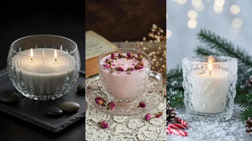 Tres velas caseras creativas en recipientes de cristal tallado, incluyendo una de rosas y otra invernal.