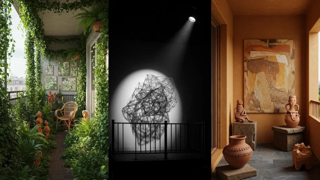 Balcones artísticos con exuberante vegetación, cuadros botánicos, esculturas de terracota y abstractas. Ideas de decoración.