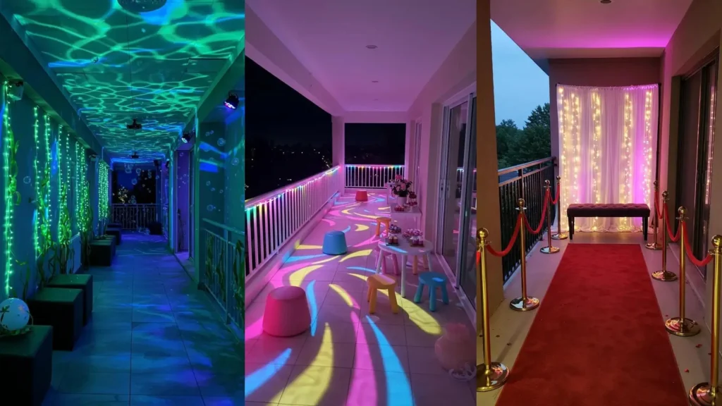 Ideas de balcones para fiestas: tres diseños con luces LED de colores vibrantes creando ambientes festivos.