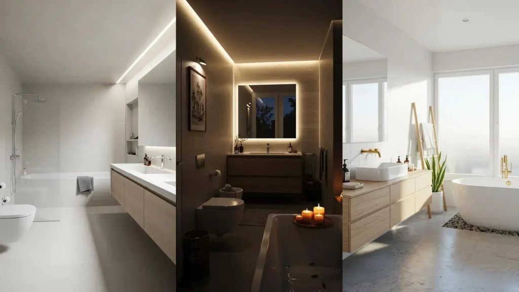 Baños escandinavos relajantes con diseño minimalista, madera clara, bañera y toques naturales que inspiran serenidad.