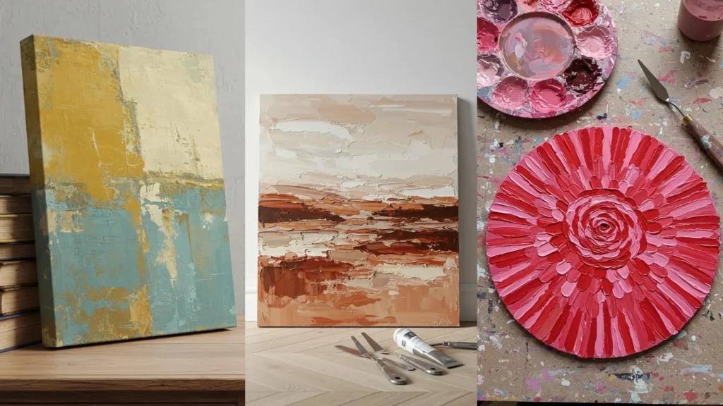 Cuadros abstractos de distintos colores y texturas creadas con espátula, junto a herramientas de pintura para bricolaje.