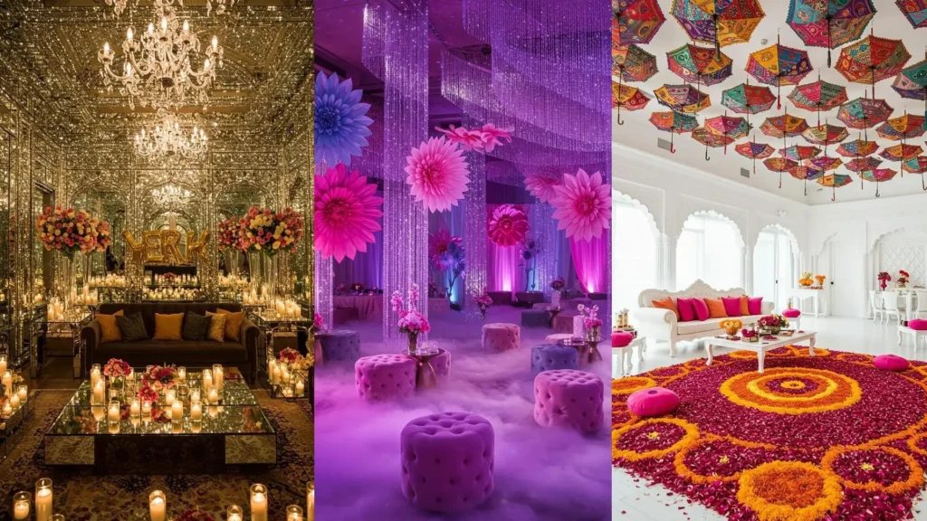 Decoraciones de cumpleaños estilo Bollywood con colores vibrantes: paraguas indios, flores moradas y detalles dorados.