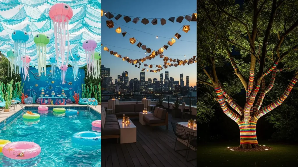 Decoraciones de verano con guirnaldas de papel multicolor en forma de medusas para una fiesta en la piscina.