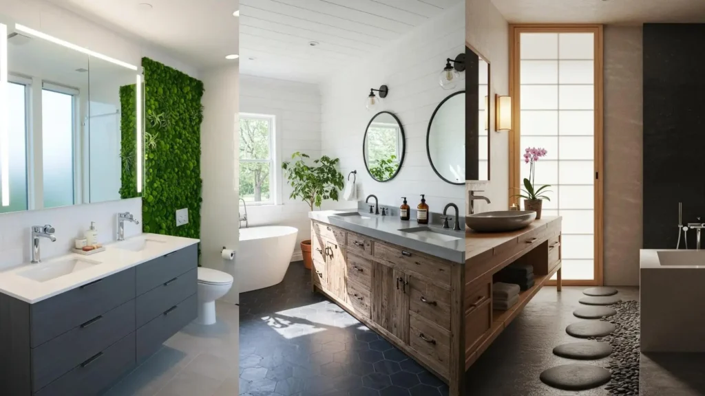 Tres baños sostenibles con mobiliario reciclado y detalles eco-friendly, incluyendo paredes verdes y madera natural.