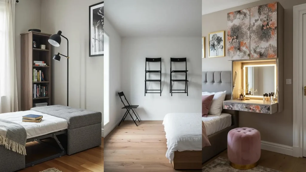 Soluciones de muebles plegables para dormitorios pequeños: sofá cama convertible, sillas de pared y tocador compacto.