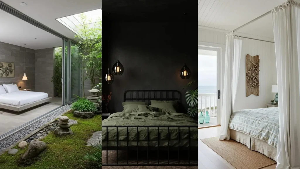 Tres dormitorios inspirados en la naturaleza, con plantas, vistas al mar y elementos orgánicos para una decoración serena.