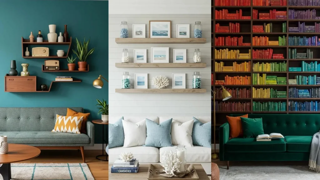 Estanterías flotantes en 3 salas modernas: ideas funcionales y bonitas para decoración con libros, plantas y arte.