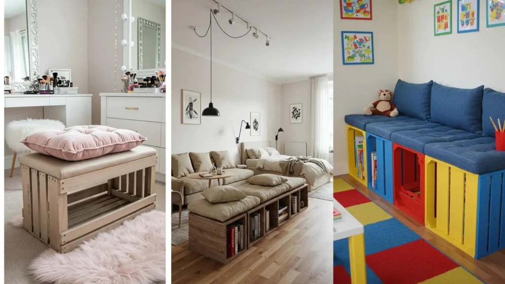 Bancos con cojines hechos de cajas de madera: desde un tocador elegante hasta un rincón de lectura infantil.
