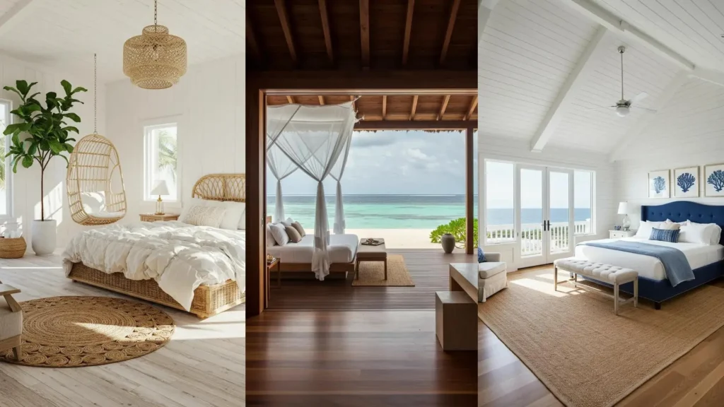 Dormitorios costeros luminosos con vistas al mar, diseño playero con muebles de ratán y decoración marina azul.