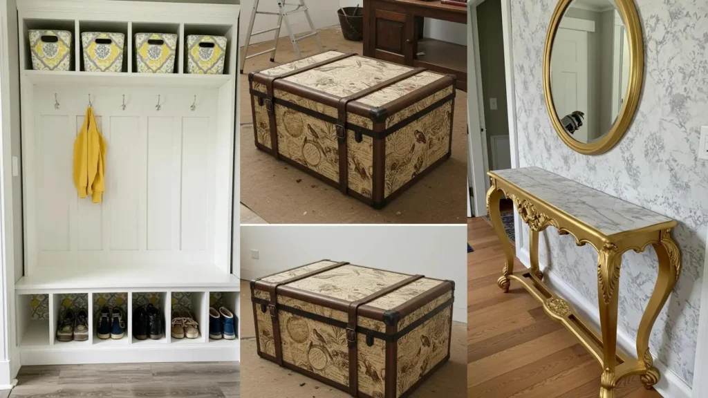 Muebles viejos reinventados: arcón con papel tapiz, consola dorada y recibidor blanco con toques de pintura y papel tapiz. Ideas DIY.