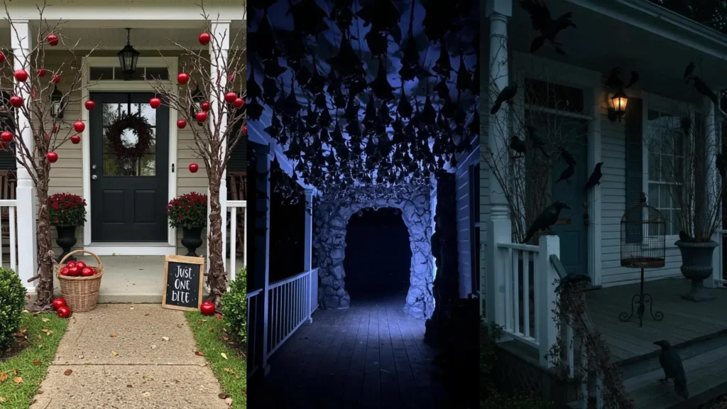 Porches de Halloween con ideas mágicas: murciélagos espeluznantes, cuervos misteriosos y manzanas encantadas.