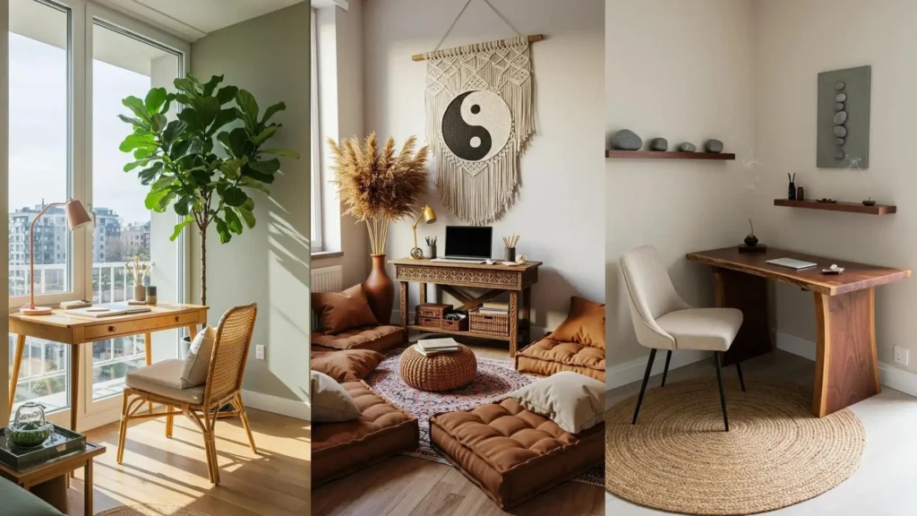 Tres rincones de inspiración espiritual con símbolos zen como Yin-Yang, piedras y texturas suaves para un espacio armonioso.