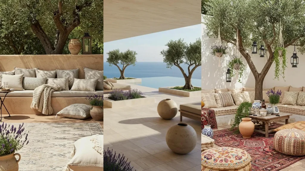 Inspiración de patios mediterráneos: olivos antiguos, lavanda perfumada y cerámica artesanal rústica para tu jardín.