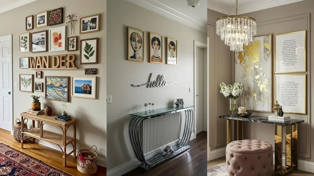 Recibidores con estilo: letras decorativas ("WANDER", "hello") y una galería de cuadros personalizados que cuentan tu historia.