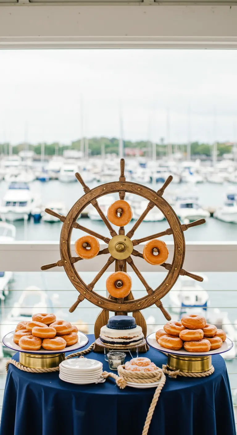 Un timón de barco de madera utilizado como expositor de donuts en una mesa con temática náutica.